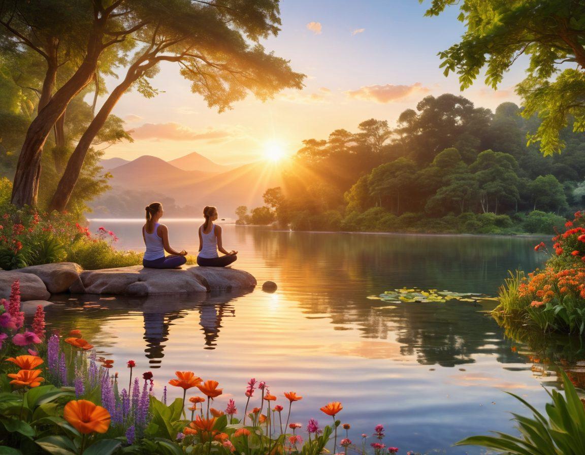 A serene landscape featuring a diverse group of people engaged in holistic healing activities, such as yoga, meditation, and nature therapy, surrounded by lush greenery and colorful flowers. In the background, a symbol of hope like a rising sun above a tranquil lake, illustrating the journey from research to recovery. Soft, warm lighting enhances the sense of empowerment and tranquility. super-realistic. vibrant colors. peaceful atmosphere.