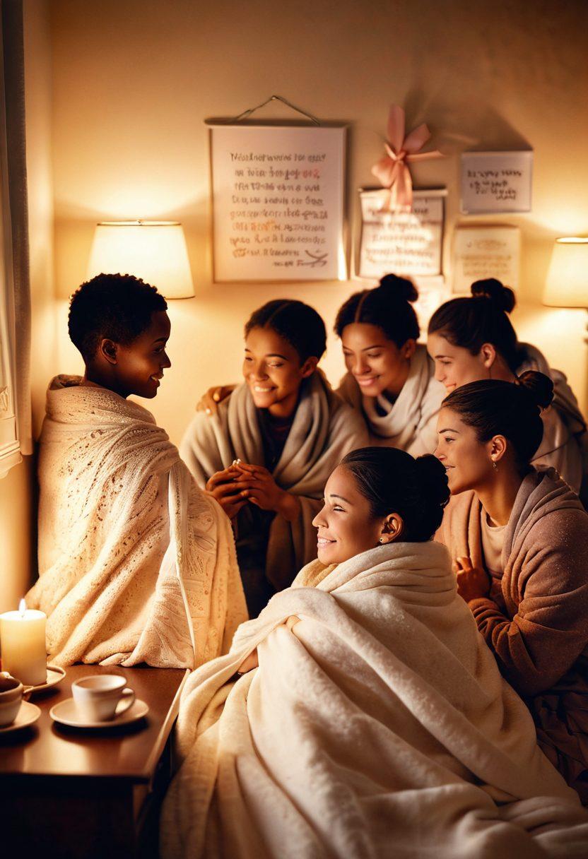 A heartwarming scene of a diverse group of people offering support in a cozy room, with comforting elements like warm blankets, tea, and inspiring quotes on the walls. Incorporate a soft, glowing light that symbolizes hope, and display a symbolic ribbon that represents cancer awareness in the background. super-realistic. warm tones. soft focus.