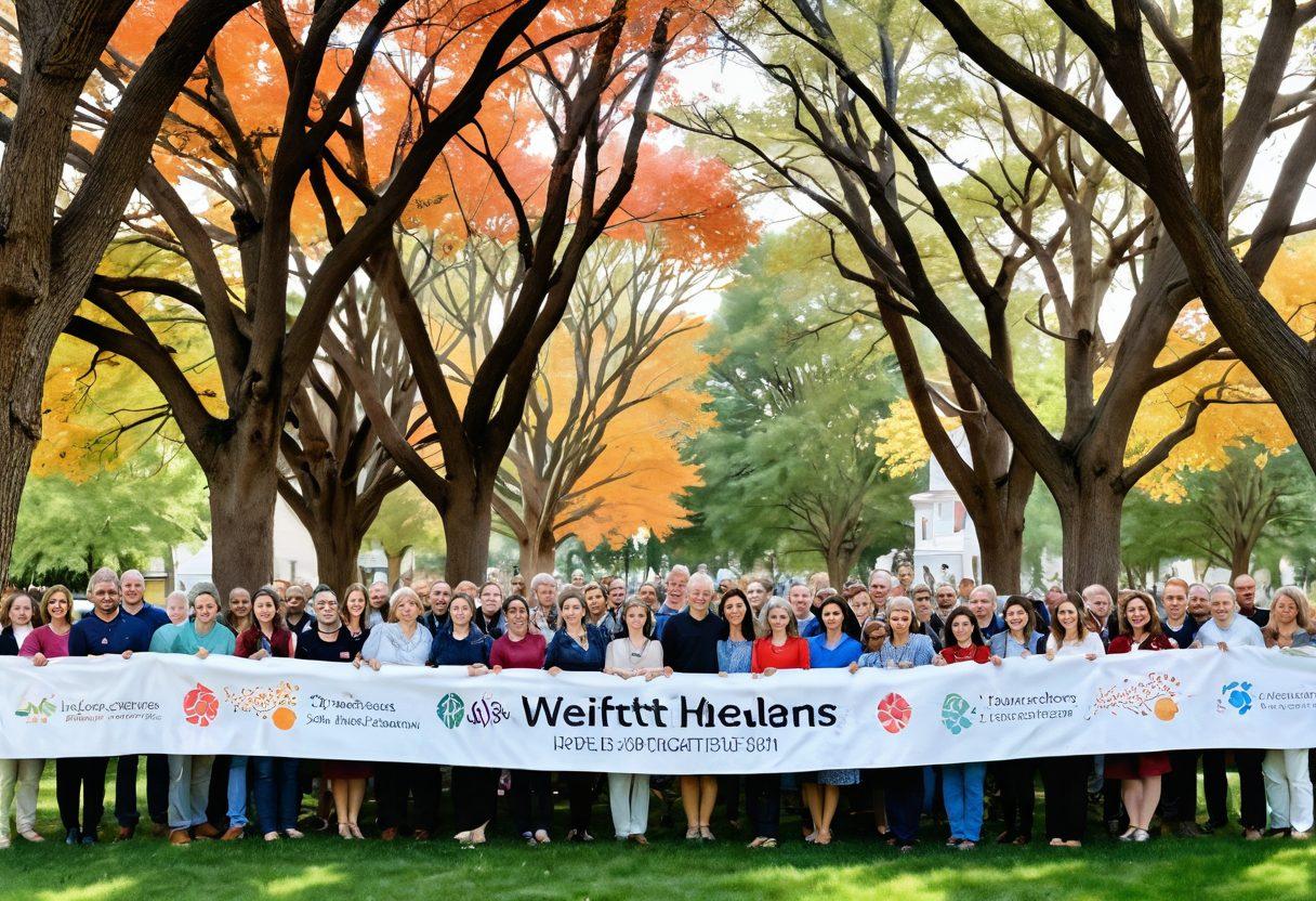 A serene community gathering showcasing diverse individuals supporting each other, symbolizing a strong support system. Include elements like ribbons and advocacy banners representing oncology awareness. Incorporate heartfelt interactions, with people sharing stories and a backdrop of symbolic trees representing growth and healing. Emphasize warm colors to evoke hope and connection. super-realistic. vibrant colors. white background.